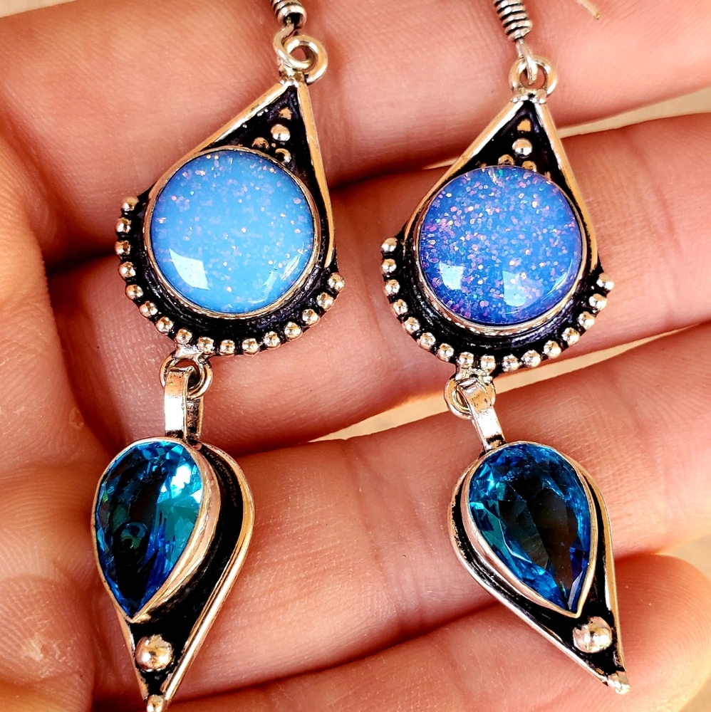 New Blue Fire Opal &  Blue Topaz 925 Silver Earrings.